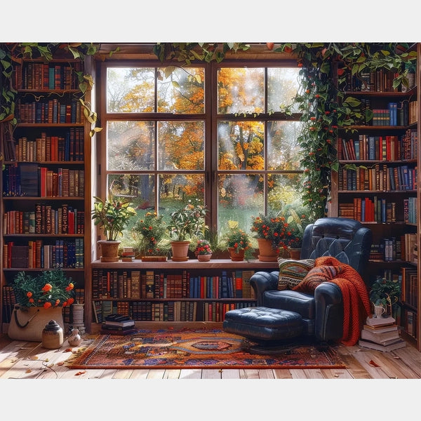 Rincón Tranquilo de la Biblioteca - Pintura de Diamantes - Grande