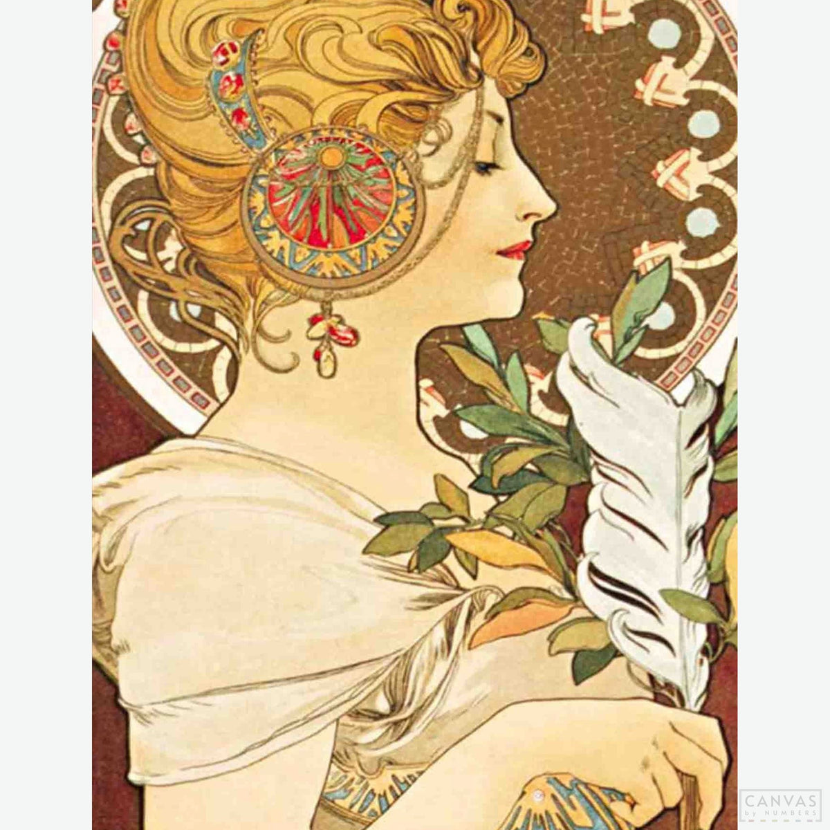 Feather - Diamond Painting-Craft Mucha’s "Feather" with this diamond painting kit. Experience delicate Art Nouveau charm and intricate beauty with every sparkling detail.-Canvas by Numbers