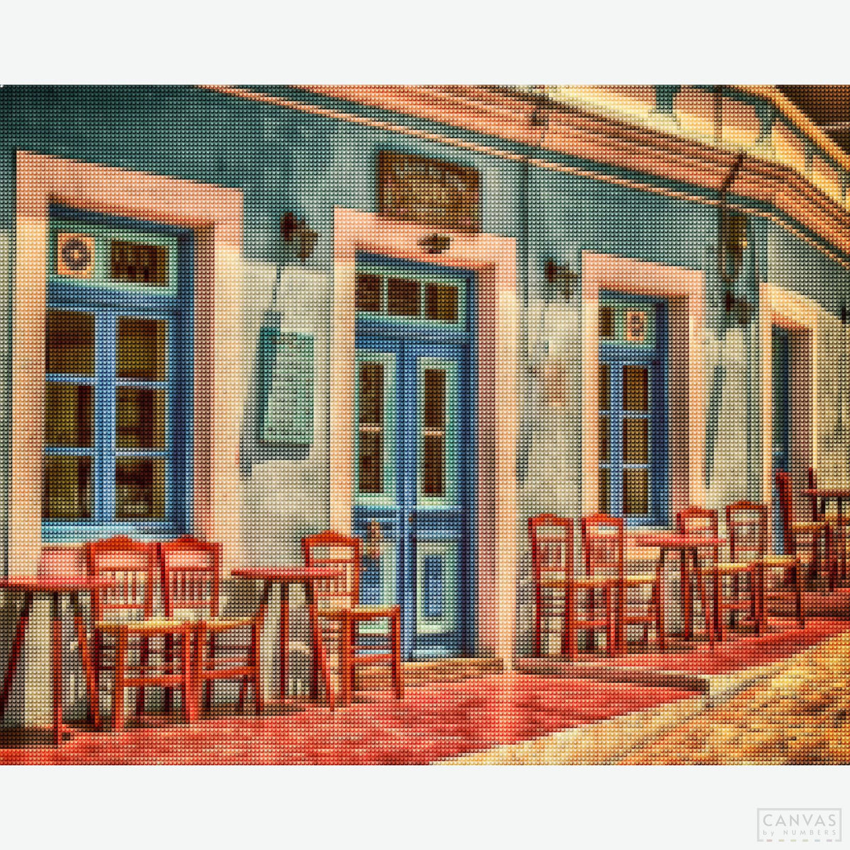 Coffee Shop - Diamond Painting-Recreate the warmth of a traditional Greek café with our "Coffee Shop" diamond painting. Experience the serene allure of a Mediterranean town with each facet.-Canvas by Numbers