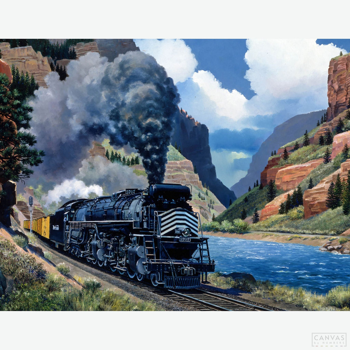 Denver and Rio Grande Western No. 3707 - Diamond Painting-Recreate Howard Fogg’s iconic locomotive with this diamond painting kit. Capture the majesty of American railroads in sparkling detail.-Canvas by Numbers