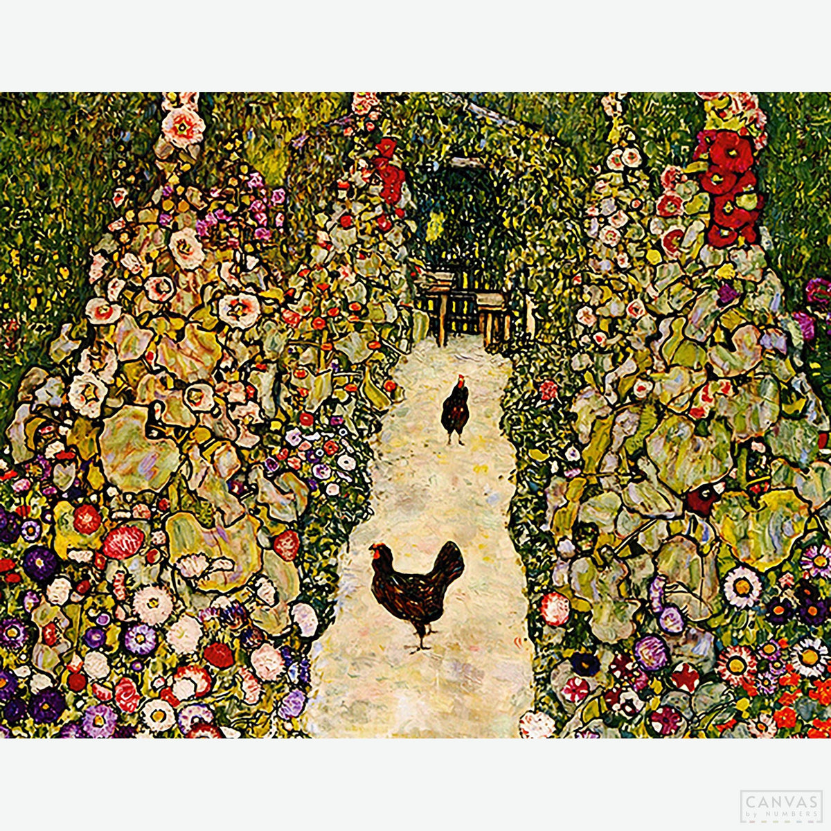 Garden Path with Chickens - Diamond Painting-Craft Klimt's enchanting "Garden Path with Hens" in sparkling detail. Dive into a tranquil world of nature with every diamond placed.-Canvas by Numbers