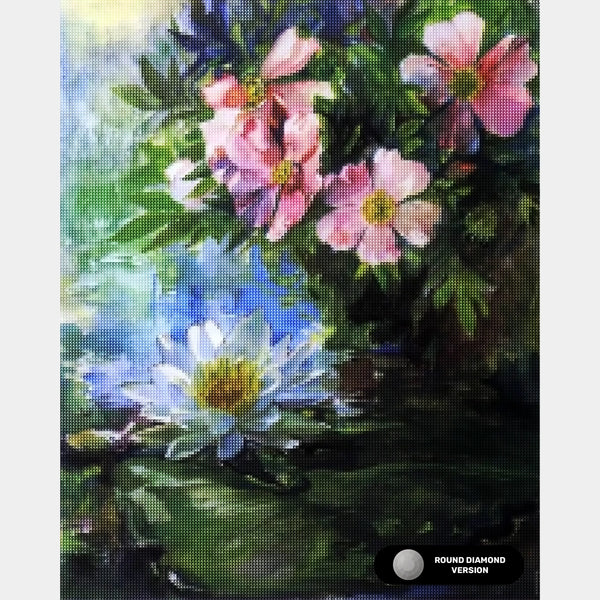Rosas y Nenúfares - Pintura de Diamantes - Tamaño Estándar
