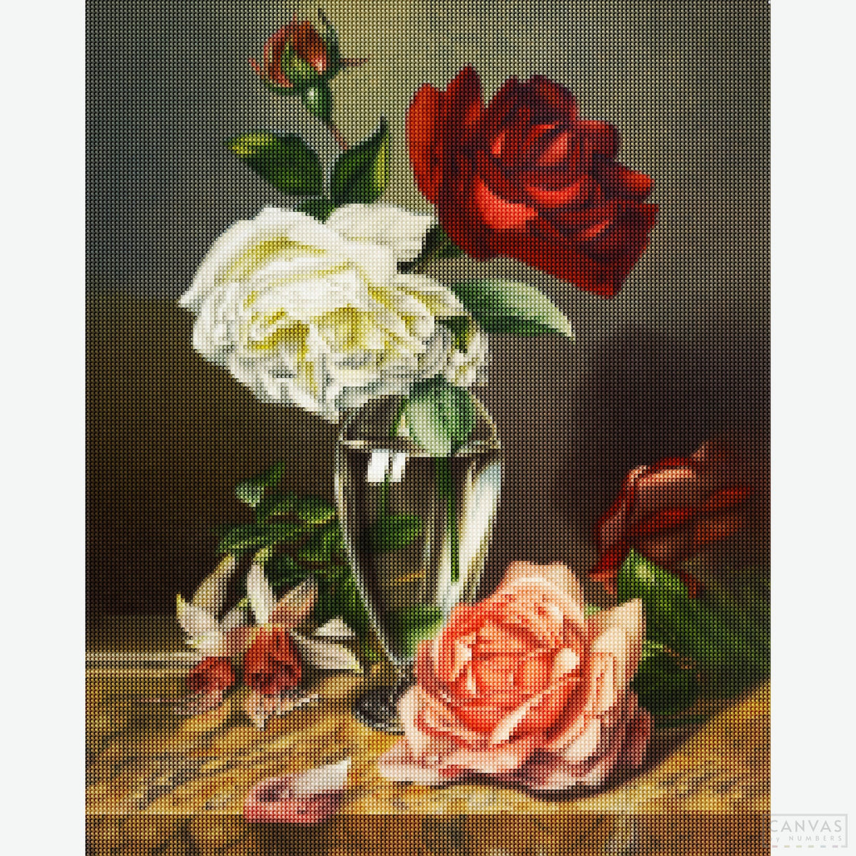 Roses in a Glass Vase - Diamond Painting-Create a shimmering masterpiece with the "Roses in a Glass Vase" diamond painting kit. Capture the romance of red and white roses with dazzling diamonds.-Canvas by Numbers