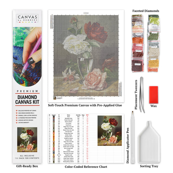 Rosas en un jarrón de cristal - Pintura de diamante - Grande