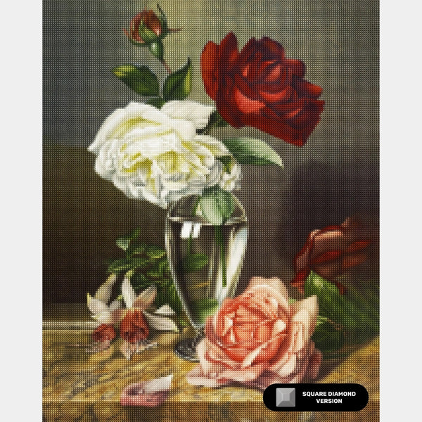 Rosas en un jarrón de cristal - Pintura de diamante - Grande