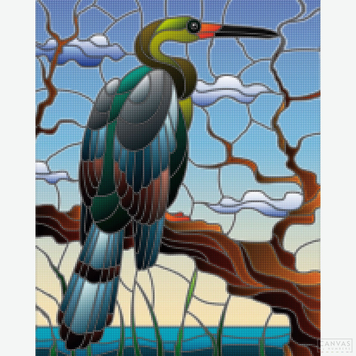 Grey Heron - Diamond Painting-Recreate Zagorii’s "Grey Heron" with this diamond painting kit. Blend traditional beauty with stained glass-inspired mosaic brilliance.-Canvas by Numbers