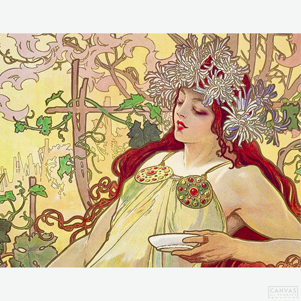 Autumn - Diamond Painting-Embrace the vivid world of Alphonse Mucha with our diamond painting kit. Dive into the richness of Art Nouveau and explore the empowerment of the female form.-Canvas by Numbers