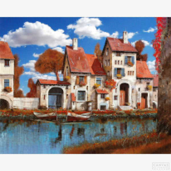 La Cascina sul Lago - Diamond Painting-Recreate Borelli’s serene lakeside farmhouse with the "La Cascina sul Lago" Diamond Painting Kit. Experience vivid colors and rustic charm.-Canvas by Numbers