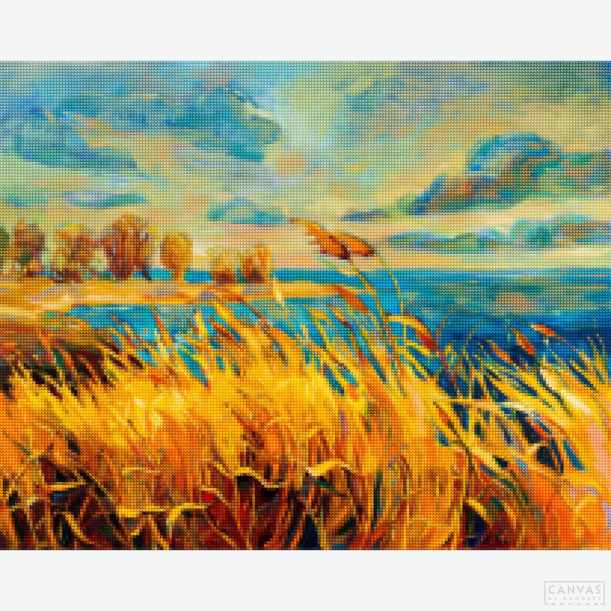 Golden Fields - Diamond Painting-Recreate Boyan Dimitrov's 'Golden Fields' with our diamond painting kit. Capture the serene beauty of endless wheat fields under a sunny sky, perfect for art lovers.-Canvas by Numbers