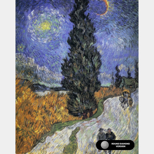 Route avec cyprès et étoile - Diamond Painting