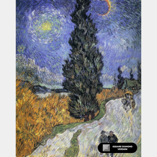 Route avec cyprès et étoile - Diamond Painting
