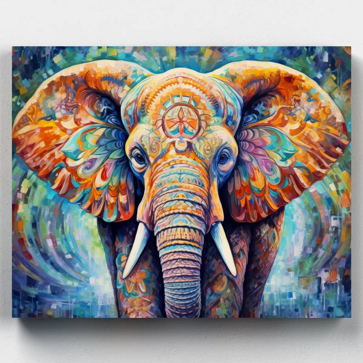 Colorful abstract painting of an elephant on a white background