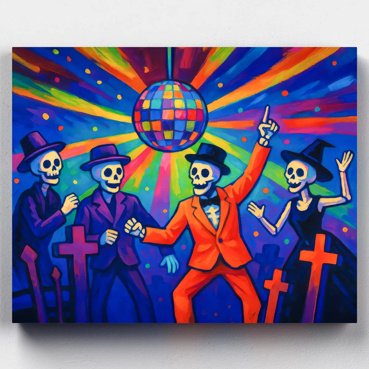 Paint by numbers kit featuring skeletons dancing under a disco ball with bright neon colors, perfect for Halloween décor.