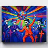 Paint by numbers kit featuring skeletons dancing under a disco ball with bright neon colors, perfect for Halloween décor.