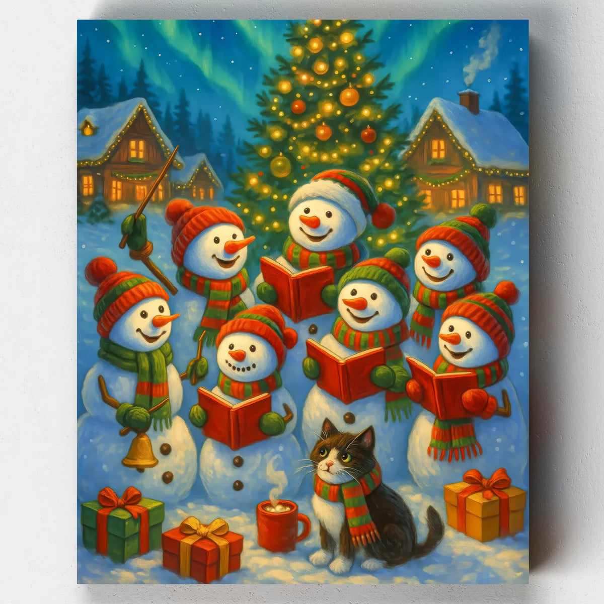 Illustration of snowmen with a cat and Christmas tree on a snowy night