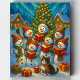 Illustration of snowmen with a cat and Christmas tree on a snowy night