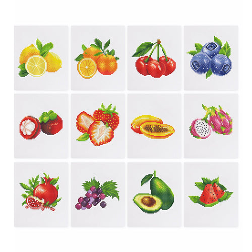 Fruits Collection - Mini Diamond Painting Kit. Enjoy the vibrant beauty of our Fruits Collection Mini Diamond Painting Kit. Craft 12 delicious fruit designs, perfect for kitchen decor or fun crafting!