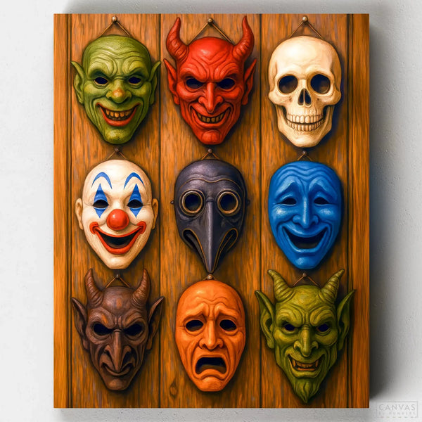Halloween paint by numbers kit featuring spooky masks including devils, clown, skull, and eerie faces on a wooden display.
