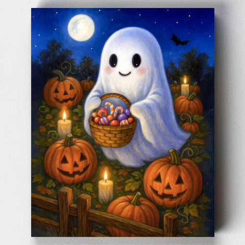Halloween paint by numbers kit featuring a cute ghost holding candy in a pumpkin patch under the moonlight.
