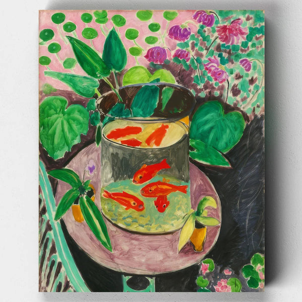 Colorful painting of a fishbowl with goldfish and plants on a floral background