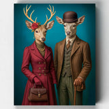 Two deer wearing human clothing with a blue background