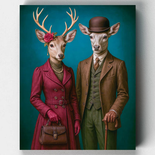 Two deer wearing coats and hats against a blue background