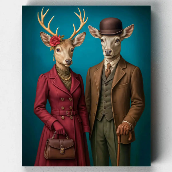 Two deer wearing human clothing with a blue background