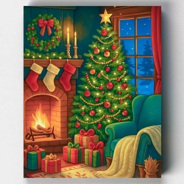 Cozy Christmas scene with a tree, presents, and fireplace.