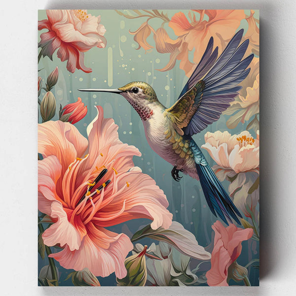 Paint by numbers kit of a colorful hummingbird surrounded by large pink and peach flowers in a soft garden setting.