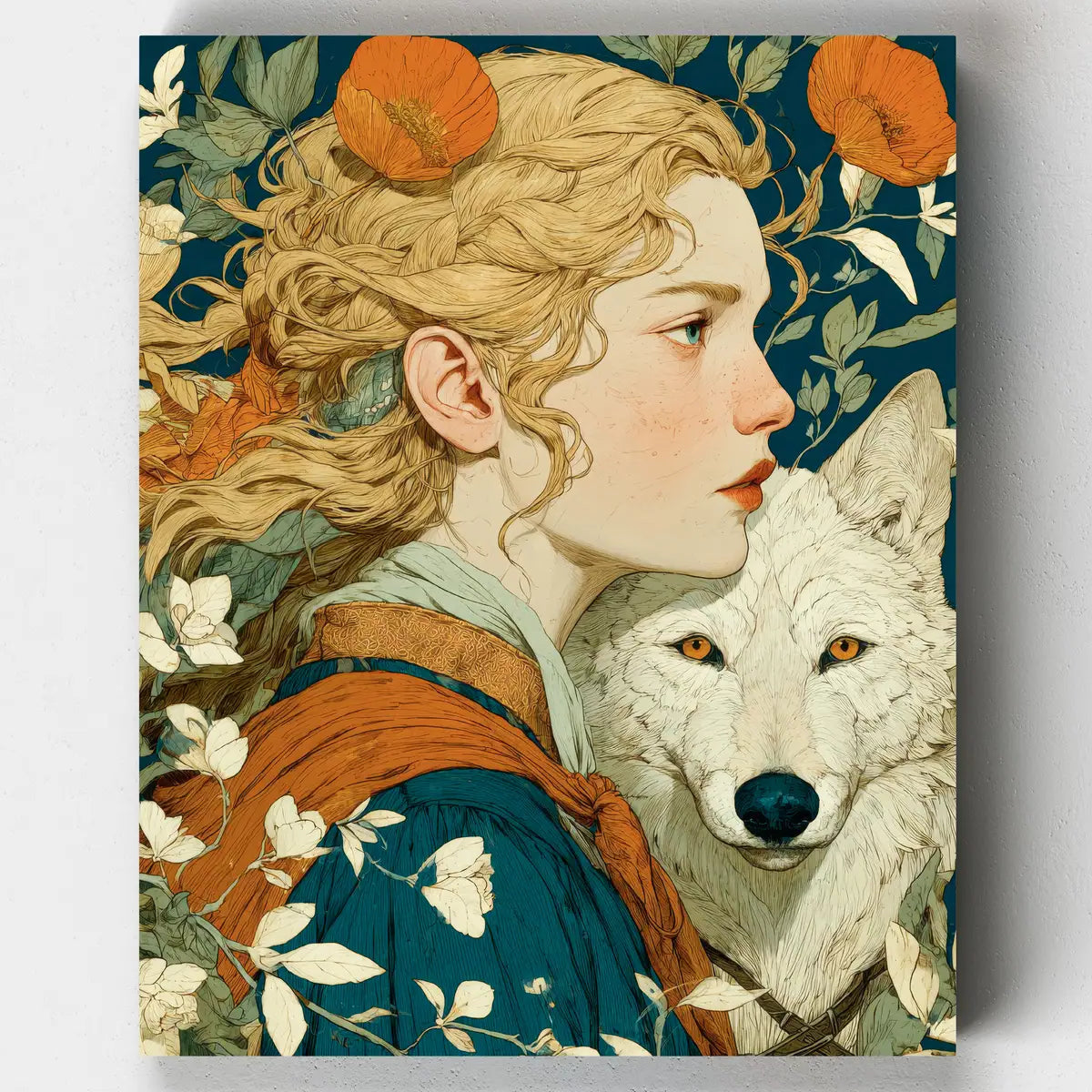 Paint by numbers kit of a woman with a wolf and autumnal elements on a blue background
