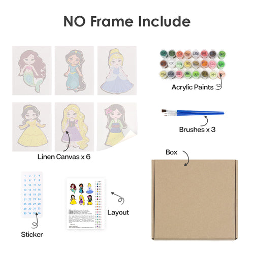 Little Princesses mini paint by numbers kit shown in the no-frame rolled canvas format
