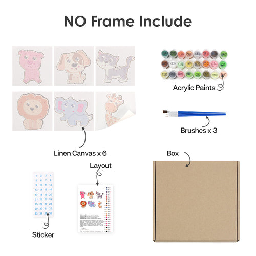 Animal Friends mini paint by numbers kit shown in the no-frame rolled canvas format