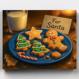 Christmas cookies on a blue plate with a 'For Santa' sign, glass of milk, and candle in the background.
