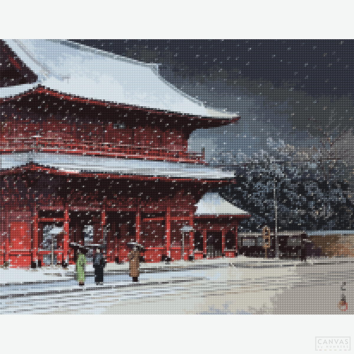 Snow over Zojoji Temple - Diamond Painting-Capture Japan’s serene beauty with the "Snow over Zojoji Temple" Diamond Painting Kit. Create a timeless scene inspired by ukiyo-e art.-Canvas by Numbers