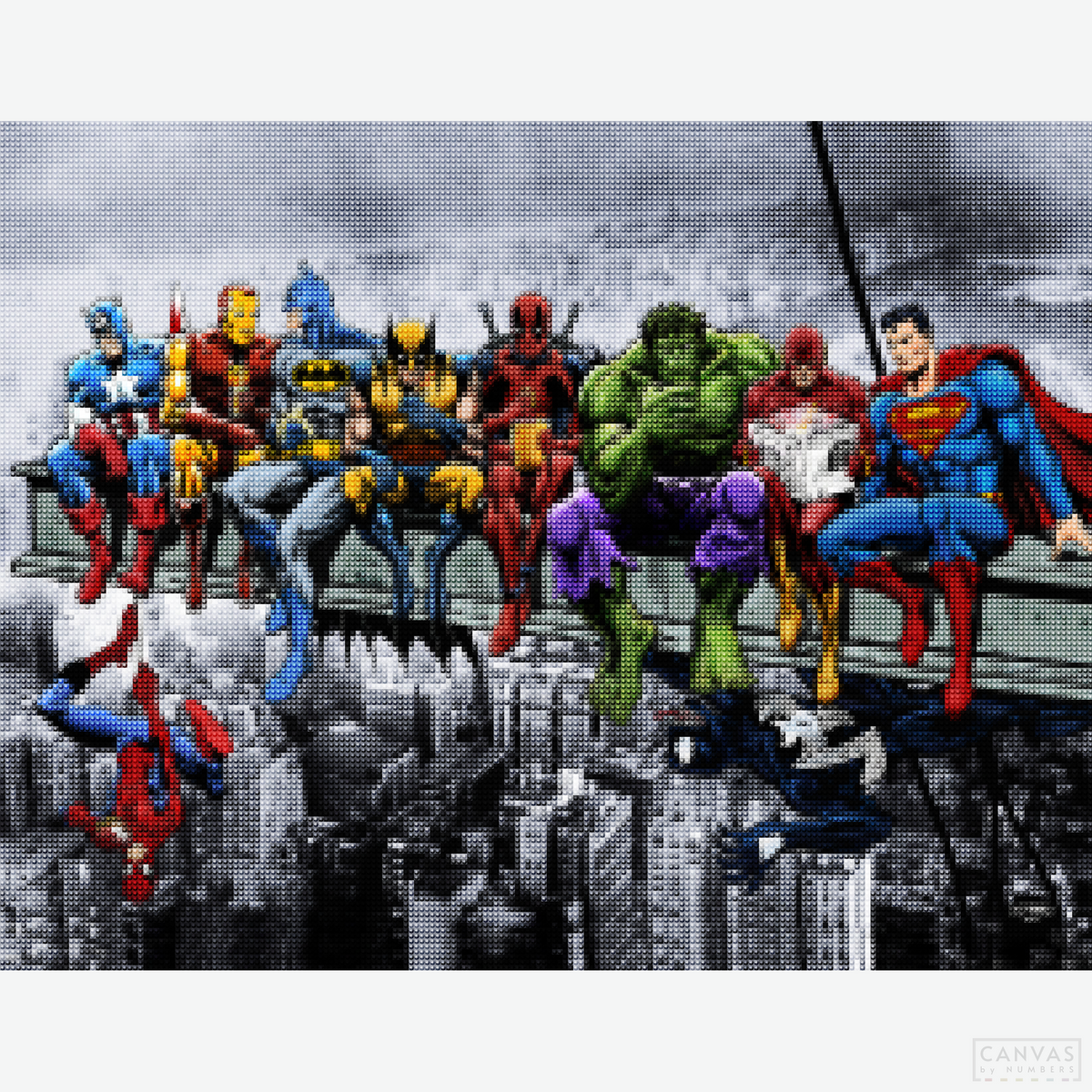 Superheroes Lunch Atop A Skyscraper - Diamond Painting Kit-Explore the superhero realm with our diamond painting inspired by Dan Avenell's famed "Superheroes Lunch Atop A Skyscraper." Ideal for comic and art fans.-Canvas by Numbers