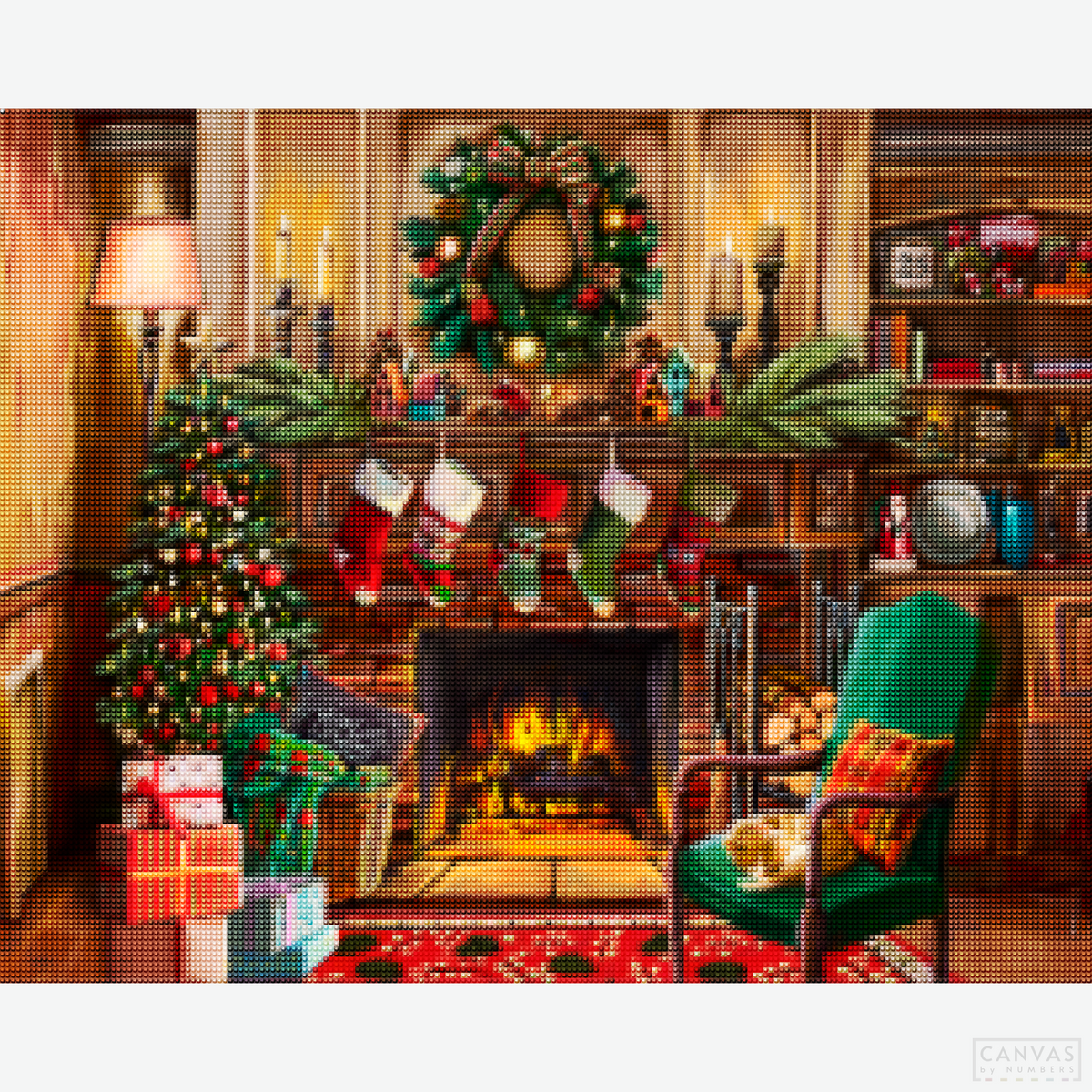 Fireside Christmas - Diamond Painting-Add holiday cheer with the "Fireside Christmas" Diamond Painting Kit. Create a cozy fireside scene with stockings, presents, and festive decor.-Canvas by Numbers