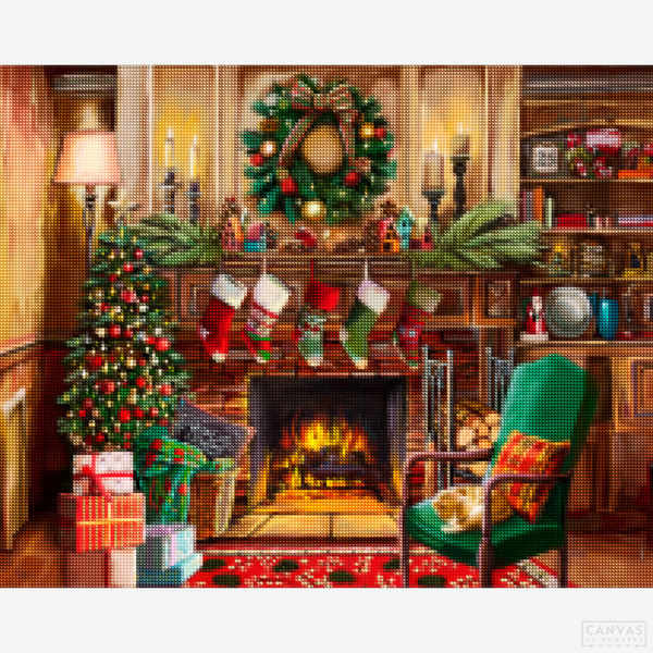 Fireside Christmas - Diamond Painting-Add holiday cheer with the "Fireside Christmas" Diamond Painting Kit. Create a cozy fireside scene with stockings, presents, and festive decor.-Canvas by Numbers