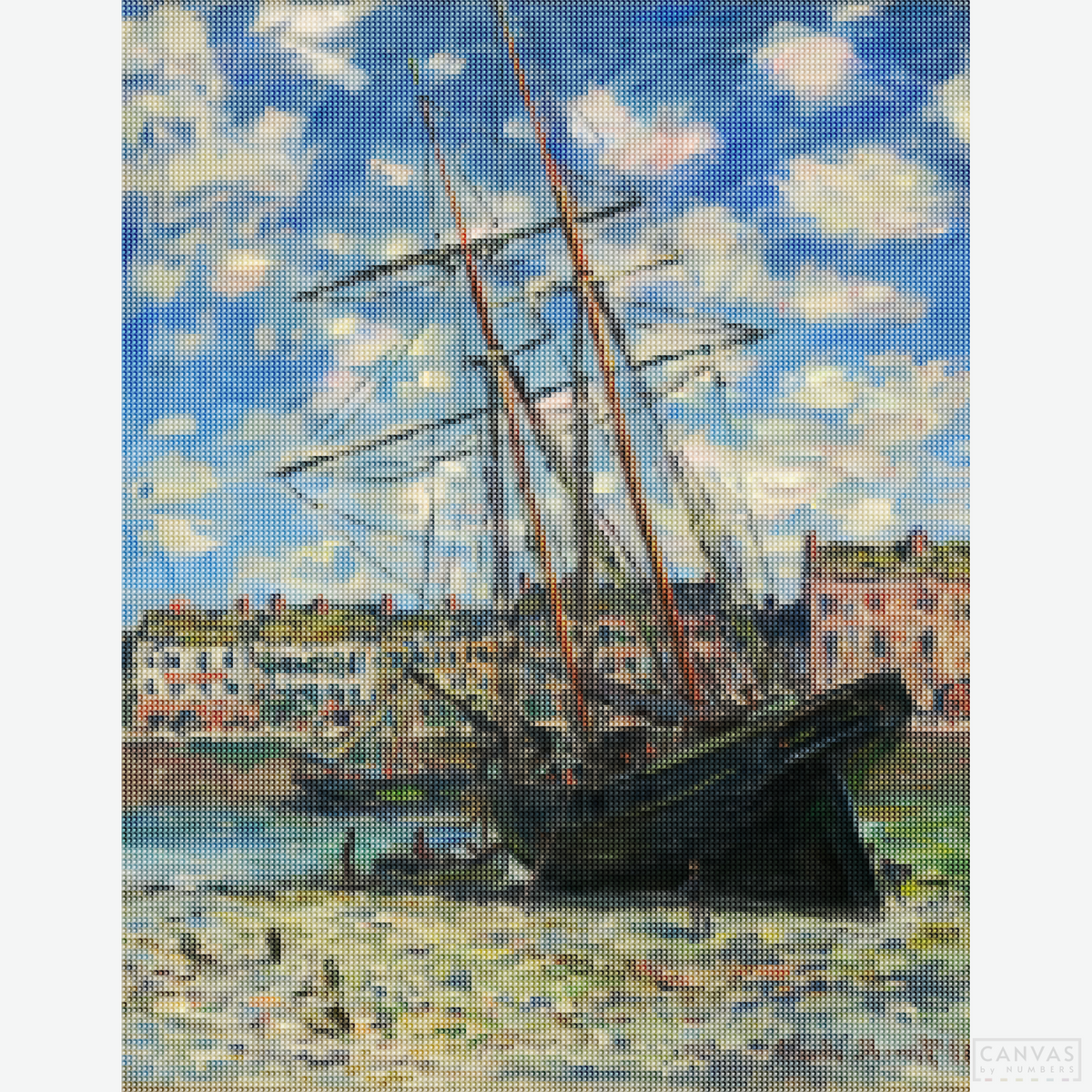 Boat Lying at Low Tide (1881) - Diamond Painting-Recreate the serene beauty of Monet's world with our Diamond Painting Kit. Perfect for art enthusiasts & crafters, this kit offers a captivating experience.-Canvas by Numbers