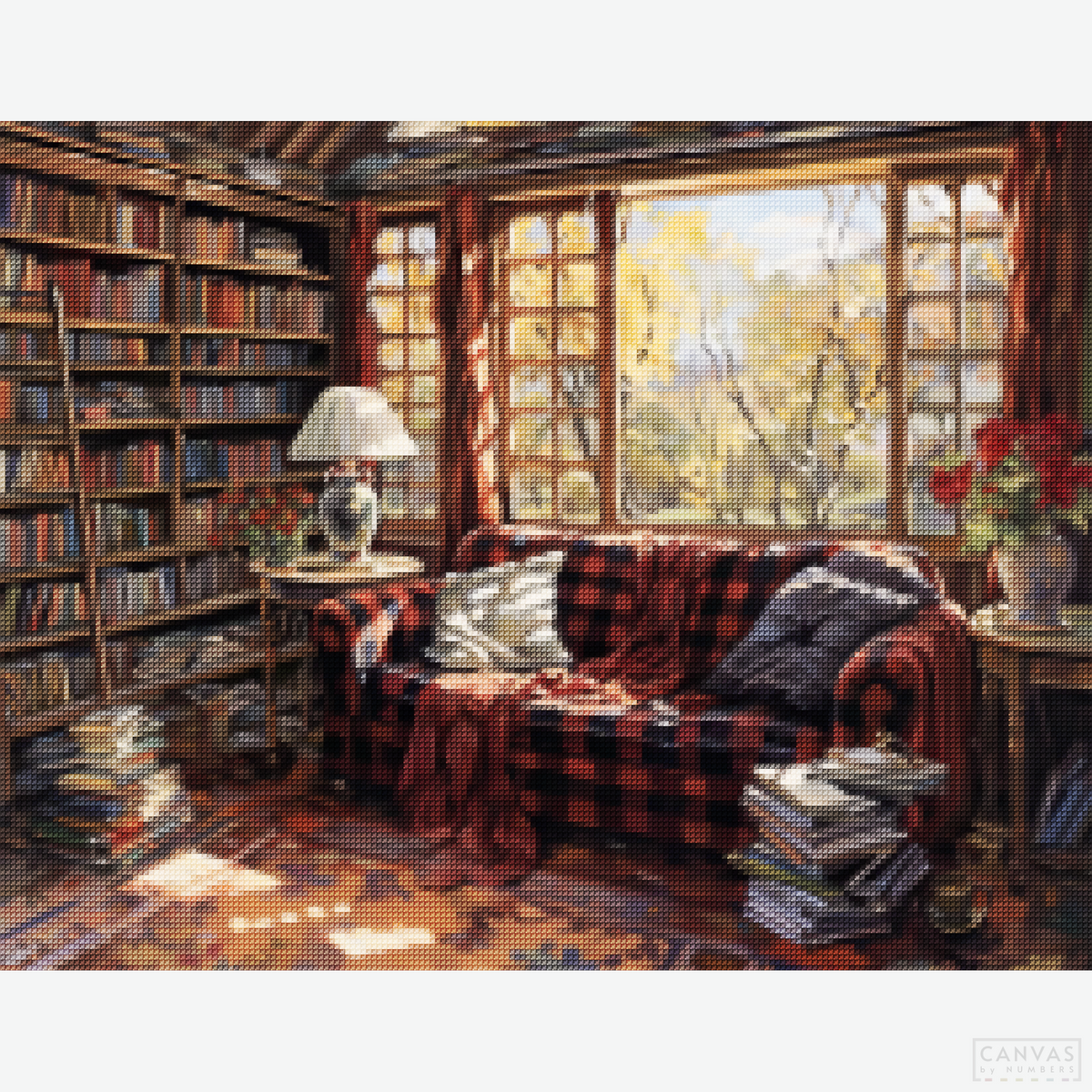 Reader's Haven - A Bookshelf Diamond Painting-Celebrate the joy of reading with the "Reader's Haven" Diamond Painting Kit. Create a cozy bookshelf scene filled with warmth and literary charm.-Canvas by Numbers