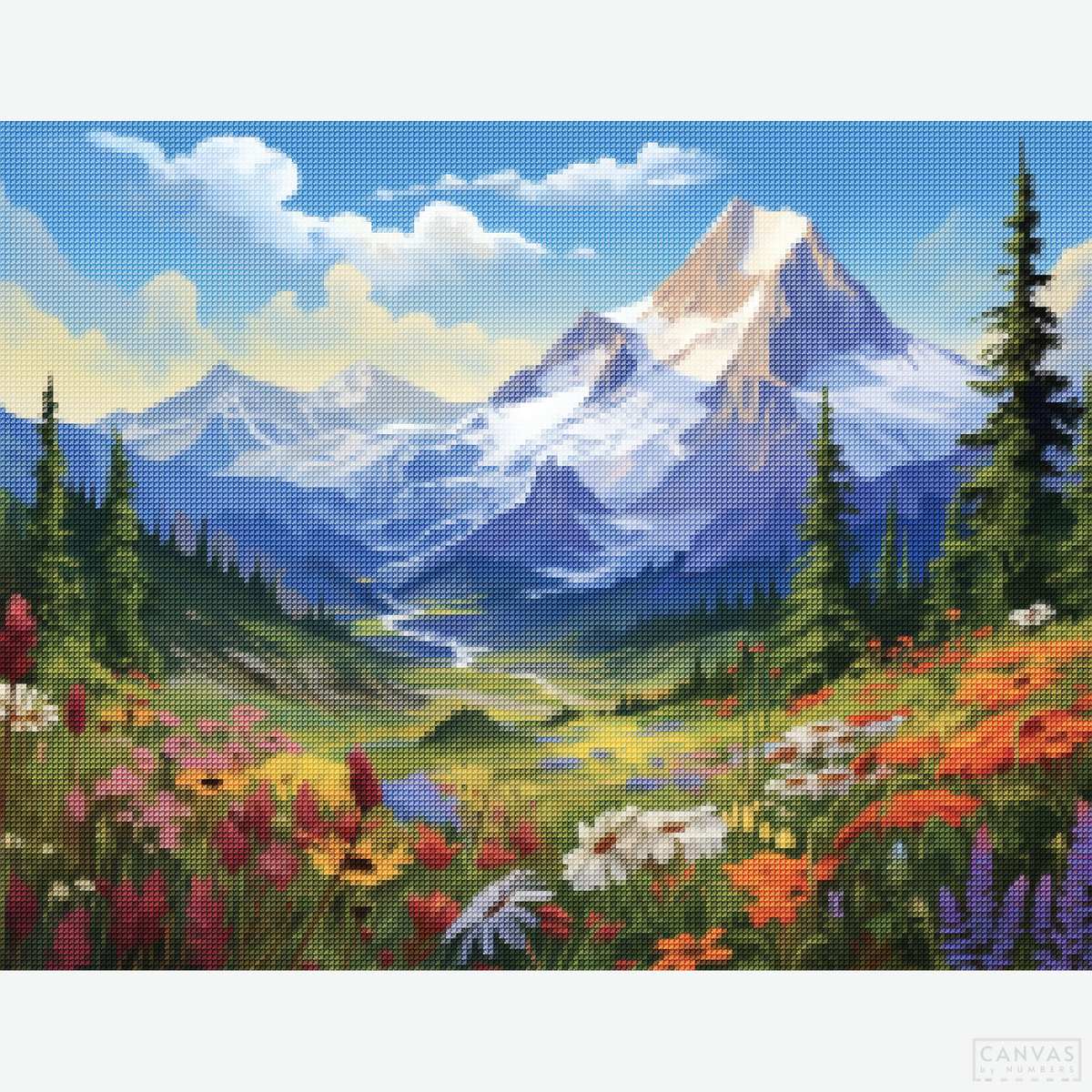 Mountain Bloom Valley - Diamond Painting-Recreate the beauty of "Mountain Bloom Valley" with this diamond painting kit. Capture vibrant blooms and snow-capped mountains in sparkling detail.-Canvas by Numbers