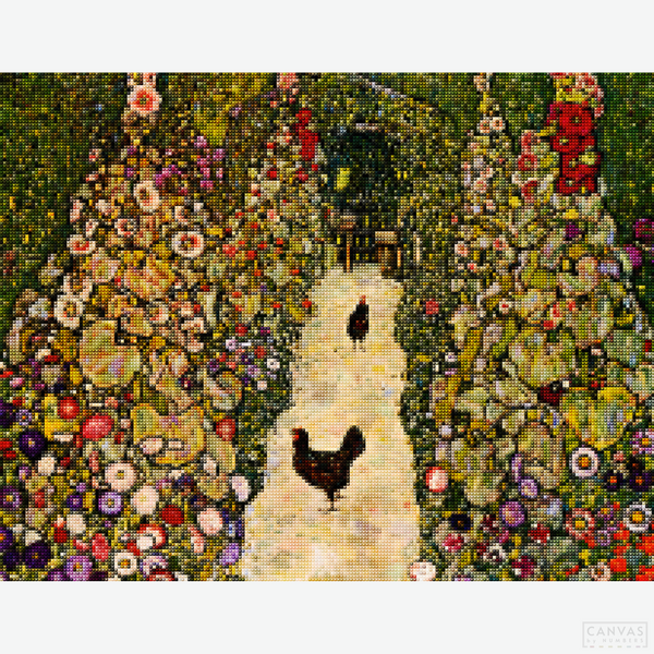 Garden Path with Chickens - Diamond Painting-Craft Klimt's enchanting "Garden Path with Hens" in sparkling detail. Dive into a tranquil world of nature with every diamond placed.-Canvas by Numbers