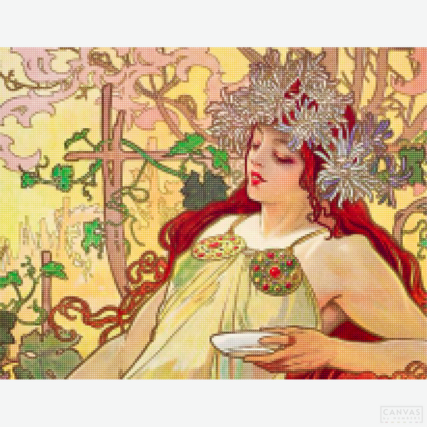 Autumn - Diamond Painting-Embrace the vivid world of Alphonse Mucha with our diamond painting kit. Dive into the richness of Art Nouveau and explore the empowerment of the female form.-Canvas by Numbers