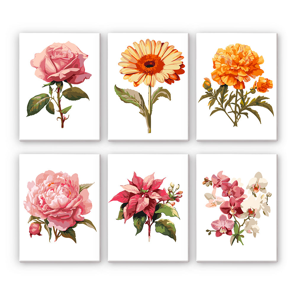 Set of six floral mini paint by numbers kits with different flowers on a white background