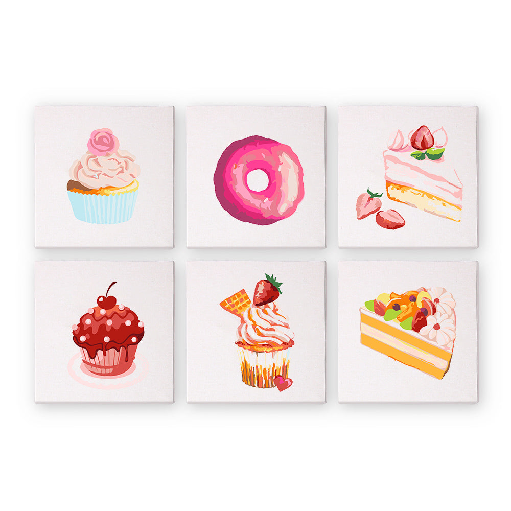 Six mini paint by numbers canvases featuring desserts design on a white background.