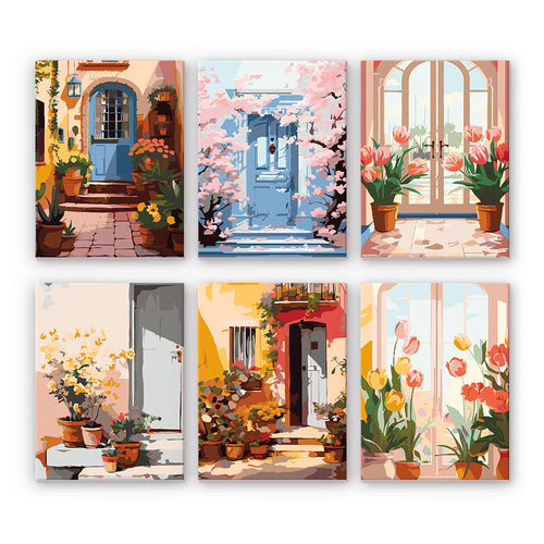 Set of six colorful mini paintings of doors and windows with flowers and plants.
