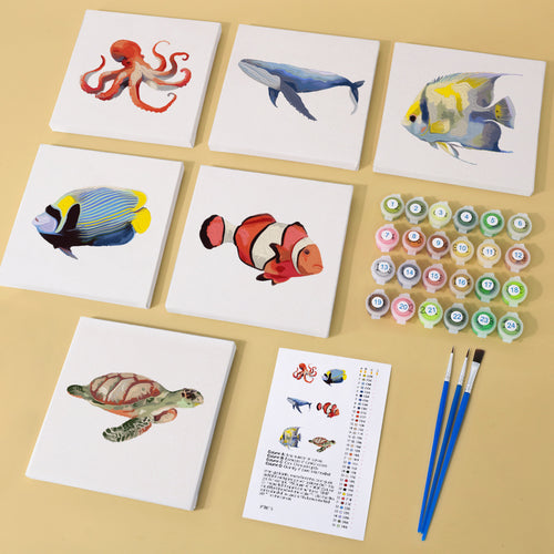 Marine Creatures mini paint by numbers kit with acrylic paints and brushes included