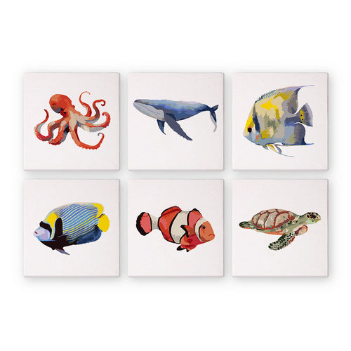 Set of six canvases with illustrations of marine animals on a white background