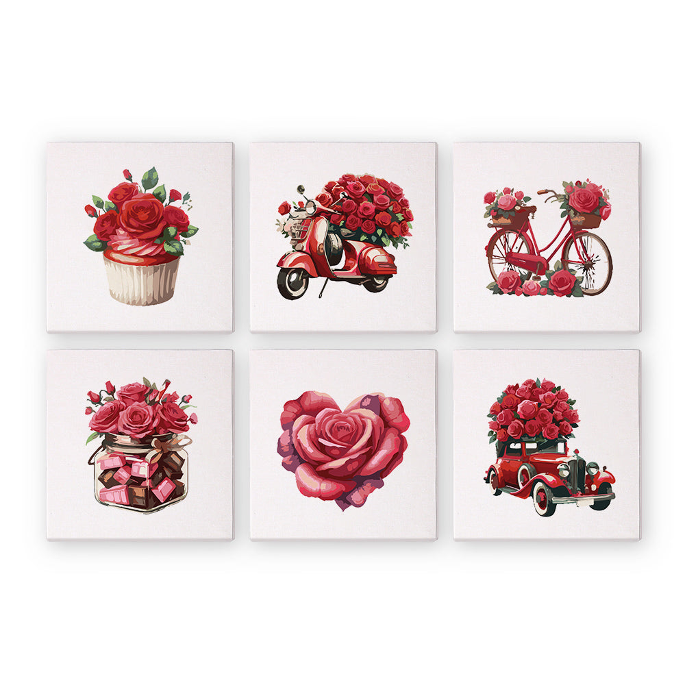 Set of six mini paint by numbers canvases with valentines floral designs on a white background