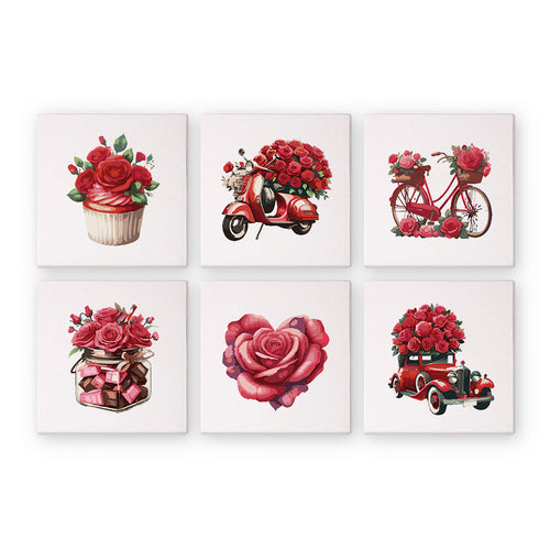 Set of six mini paint by numbers canvases with valentines floral designs on a white background