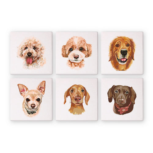 Six square mini paint by numbers kits with illustrations of dogs on a white background